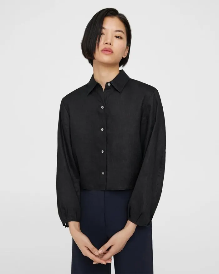 Theory Pleated Shirt In Relaxed Linen Black Women Tops