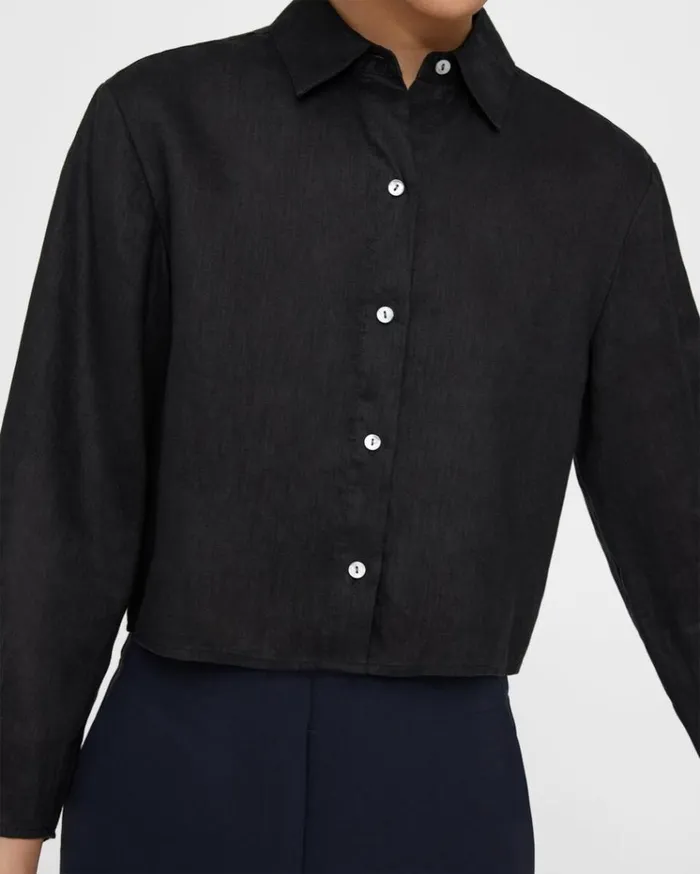 Theory Pleated Shirt In Relaxed Linen Black Women Tops Theory Pleated Shirt In Relaxed Linen Black Women Tops