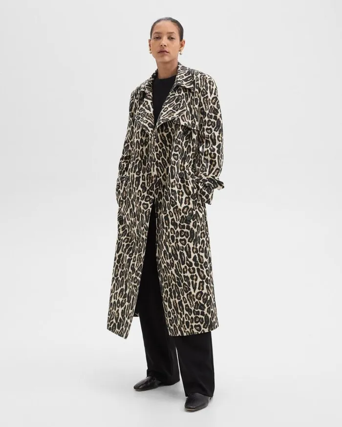 Theory Relaxed Trench Coat In Stretch Leopard Wool Beige Multi Women Outerwear Theory Relaxed Trench Coat In Stretch Leopard Wool Beige Multi Women Outerwear