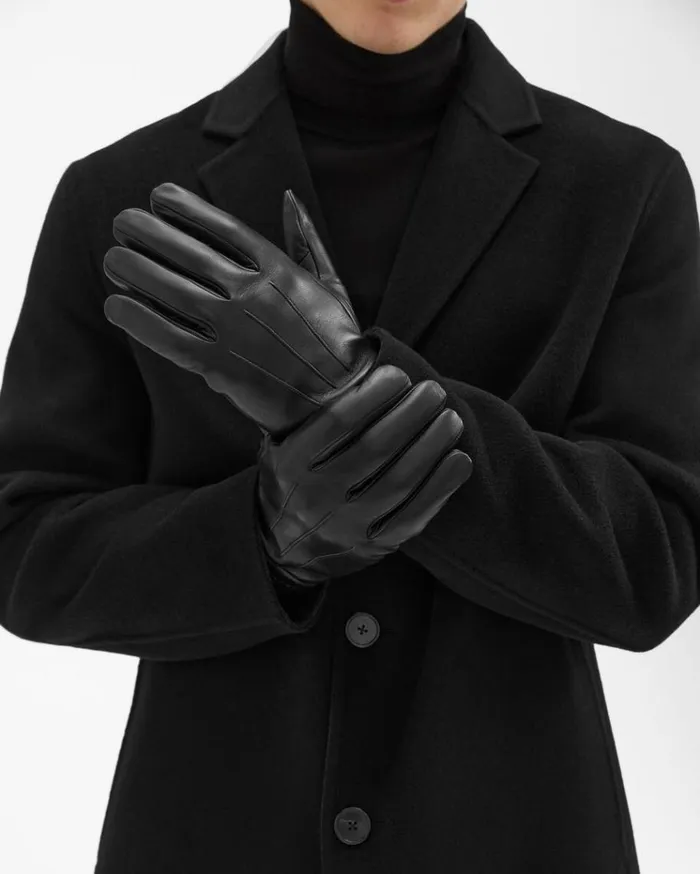Theory Ribbed Cuff Gloves In Leather Black Men Hats Scarves