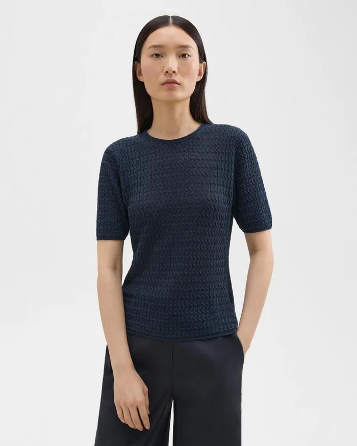 Theory ShortSleeve Sweater In Cable Knit Linen Nocturne Navy Women Sweaters Cardigans Theory ShortSleeve Sweater In Cable Knit Linen Nocturne Navy Women Sweaters Cardigans