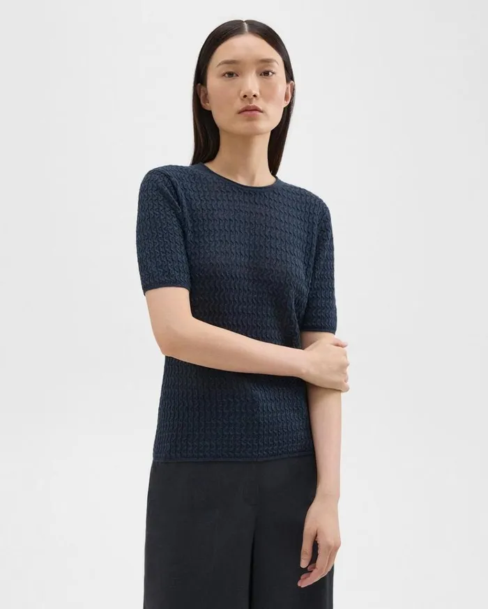 Theory ShortSleeve Sweater In Cable Knit Linen Nocturne Navy Women Sweaters Cardigans Theory ShortSleeve Sweater In Cable Knit Linen Nocturne Navy Women Sweaters Cardigans