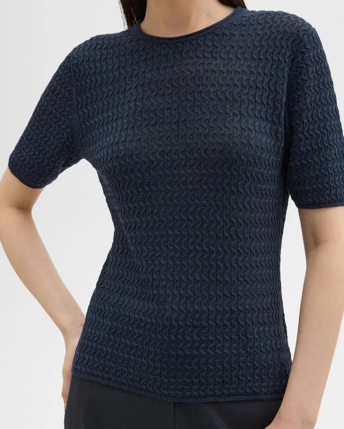 Theory ShortSleeve Sweater In Cable Knit Linen Nocturne Navy Women Sweaters Cardigans Theory ShortSleeve Sweater In Cable Knit Linen Nocturne Navy Women Sweaters Cardigans