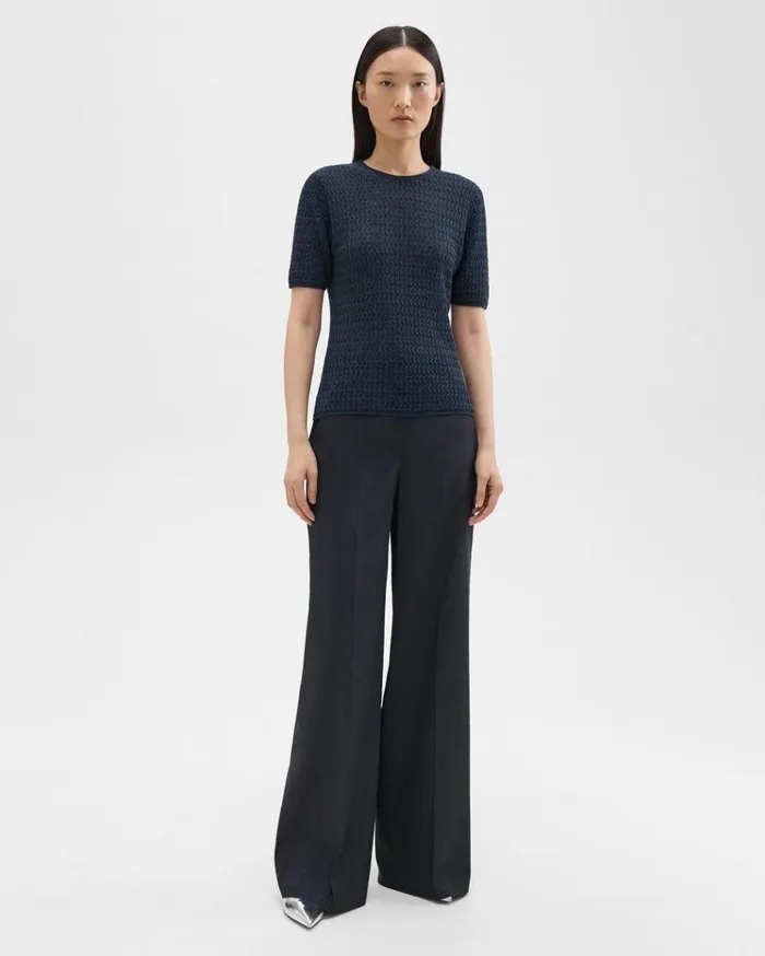 Theory ShortSleeve Sweater In Cable Knit Linen Nocturne Navy Women Sweaters Cardigans Theory ShortSleeve Sweater In Cable Knit Linen Nocturne Navy Women Sweaters Cardigans