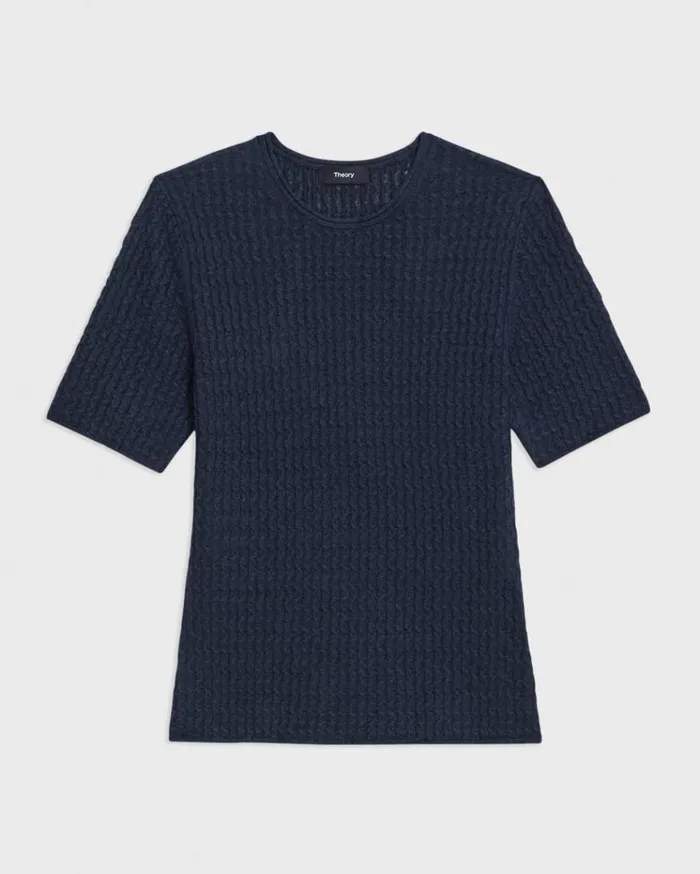 Theory ShortSleeve Sweater In Cable Knit Linen Nocturne Navy Women Sweaters Cardigans Theory ShortSleeve Sweater In Cable Knit Linen Nocturne Navy Women Sweaters Cardigans