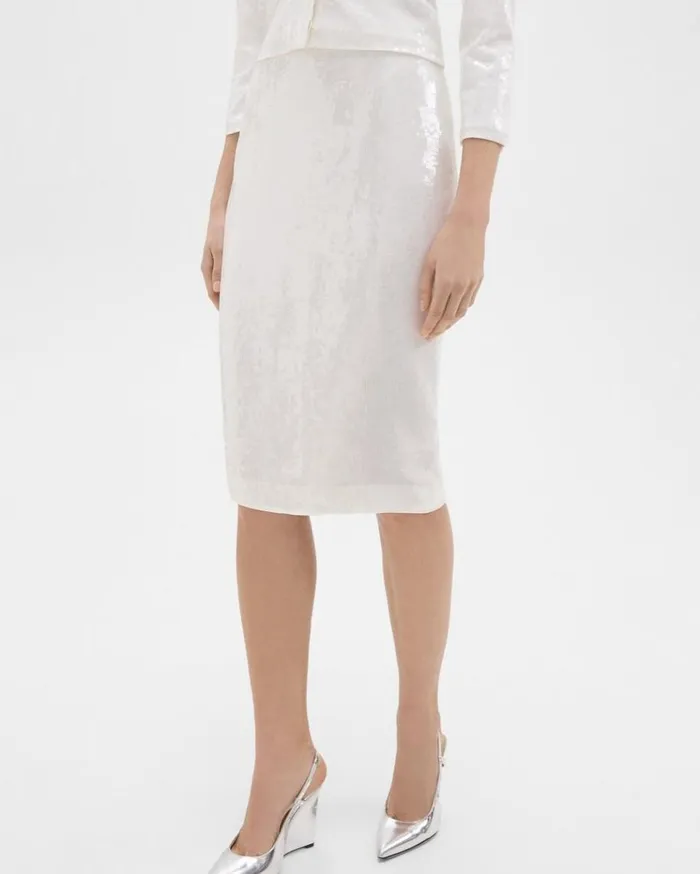 Theory Slim Pencil Skirt In Recycled Sequins White Women Skirts