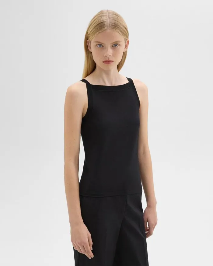 Theory Square Neck Tank In Interlock Knit Black Women TShirts Tank Tops