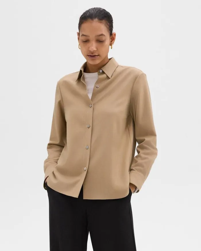 Theory Straight Shirt In Sleek Flannel New Camel Women Tops