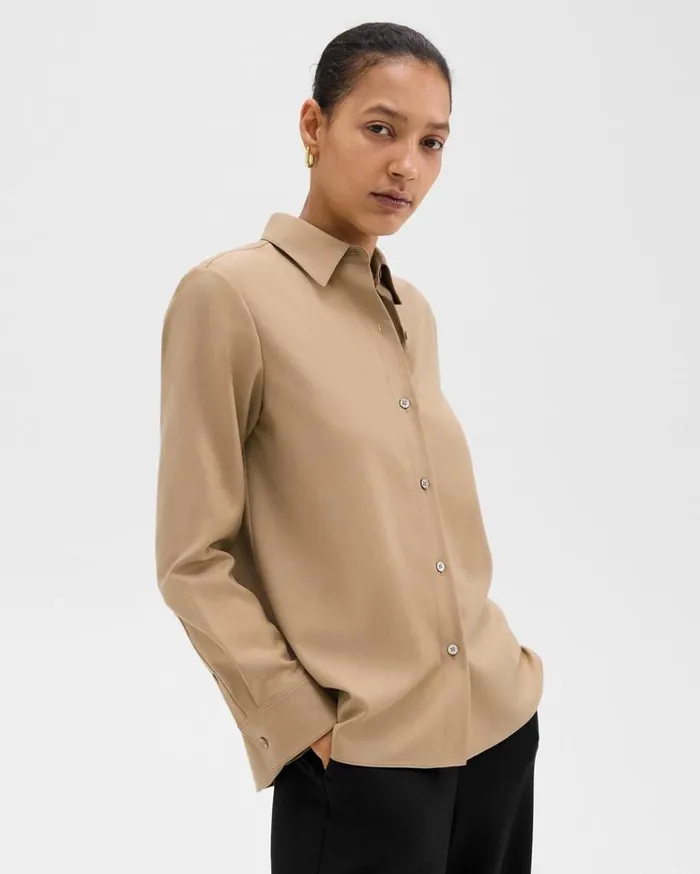 Theory Straight Shirt In Sleek Flannel New Camel Women Tops