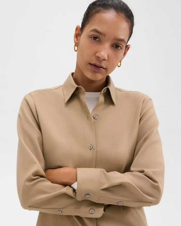 Theory Straight Shirt In Sleek Flannel New Camel Women Tops