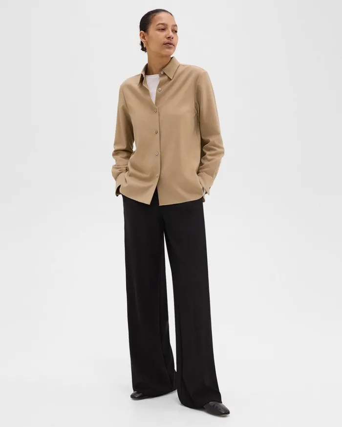 Theory Straight Shirt In Sleek Flannel New Camel Women Tops