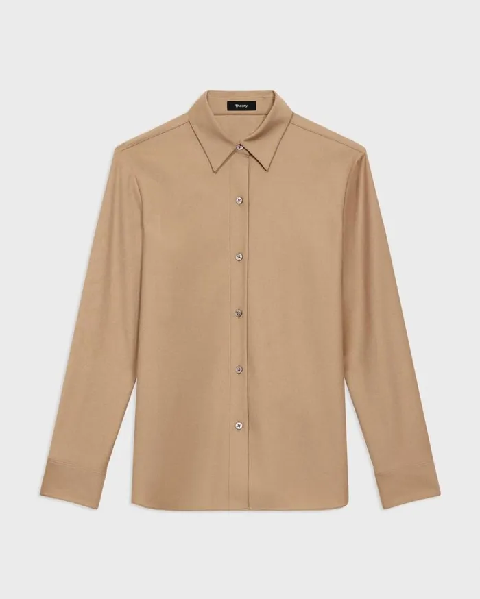 Theory Straight Shirt In Sleek Flannel New Camel Women Tops