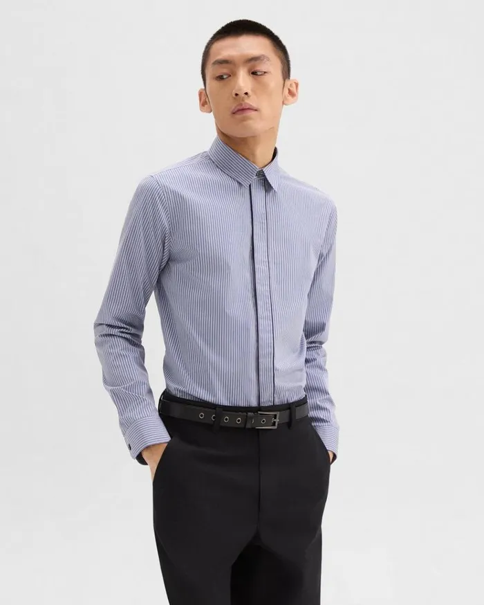 Theory Straight Shirt In Striped CottonBlend Greycornflower Multi Men Shirts