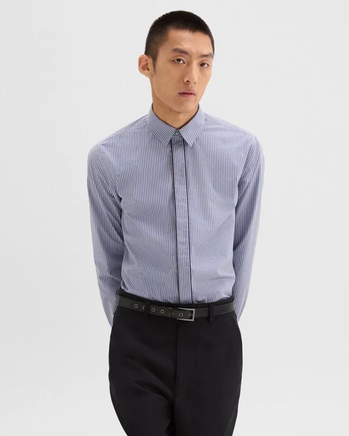 Theory Straight Shirt In Striped CottonBlend Greycornflower Multi Men Shirts