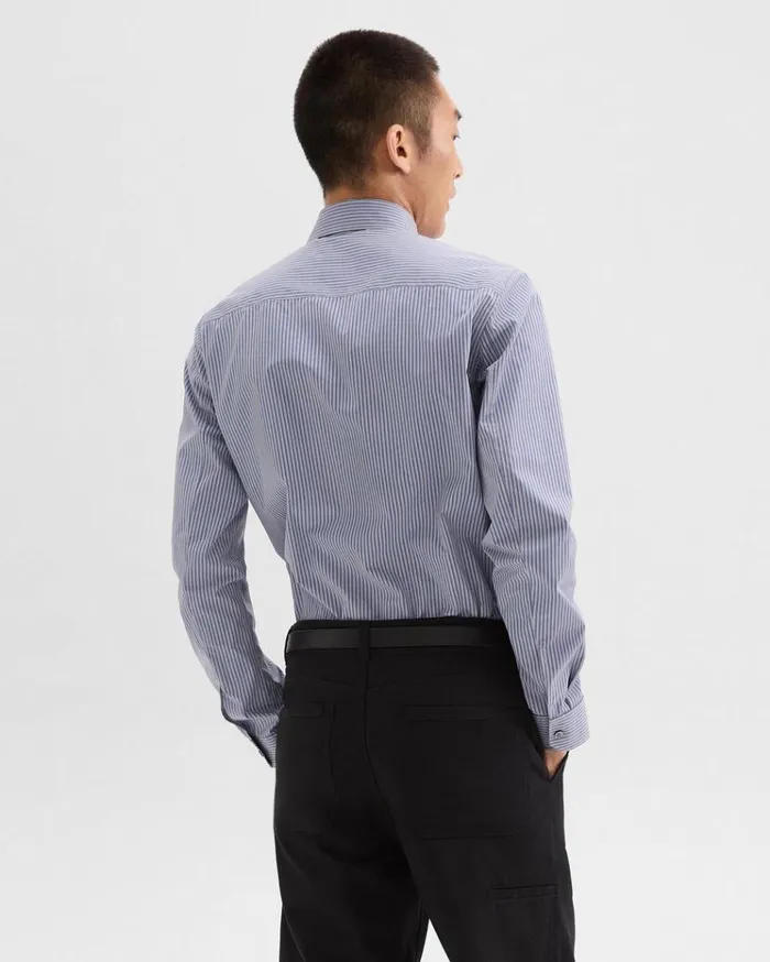 Theory Straight Shirt In Striped CottonBlend Greycornflower Multi Men Shirts