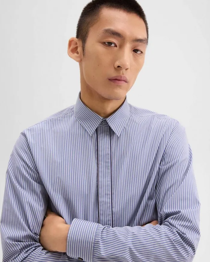 Theory Straight Shirt In Striped CottonBlend Greycornflower Multi Men Shirts