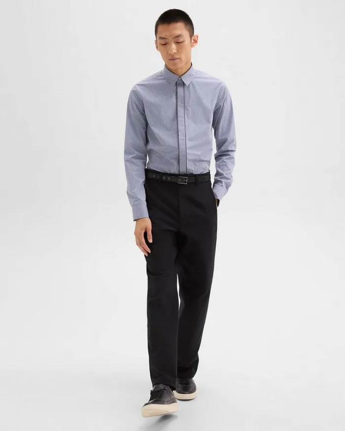 Theory Straight Shirt In Striped CottonBlend Greycornflower Multi Men Shirts