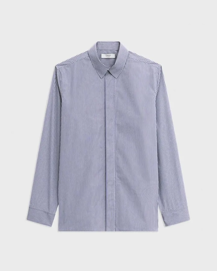Theory Straight Shirt In Striped CottonBlend Greycornflower Multi Men Shirts