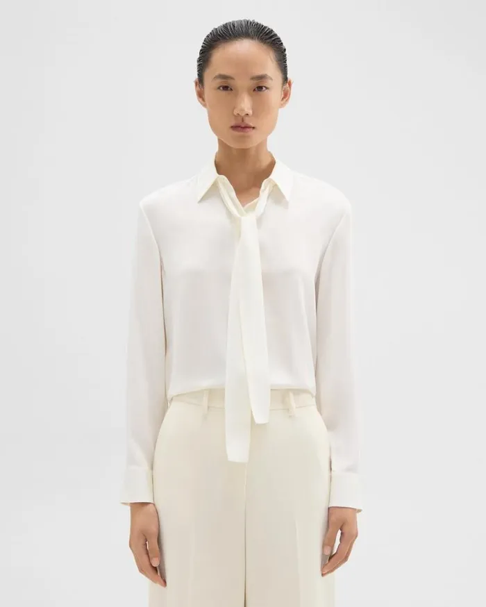 Theory Tie Neck Blouse In Silk Georgette Ivory Women Tops