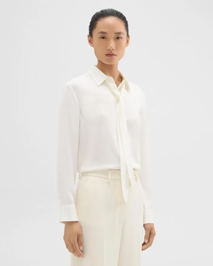 Theory Tie Neck Blouse In Silk Georgette Ivory Women Tops