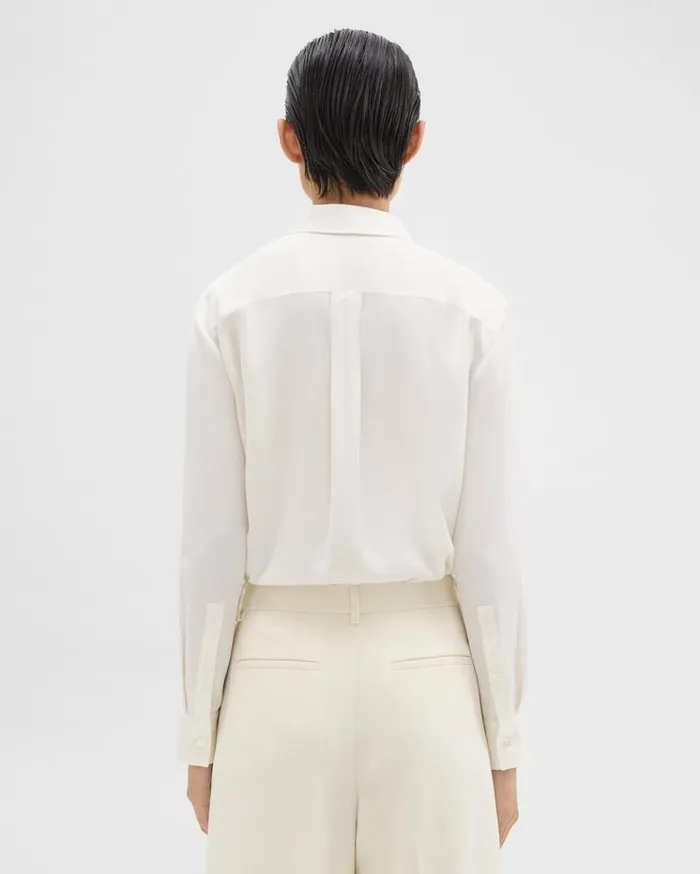 Theory Tie Neck Blouse In Silk Georgette Ivory Women Tops