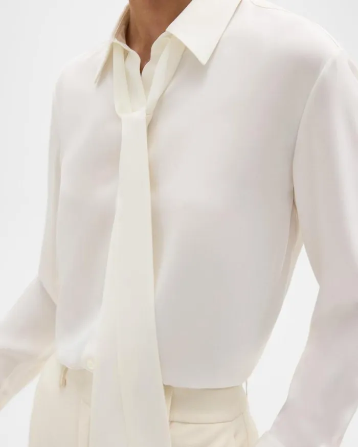 Theory Tie Neck Blouse In Silk Georgette Ivory Women Tops