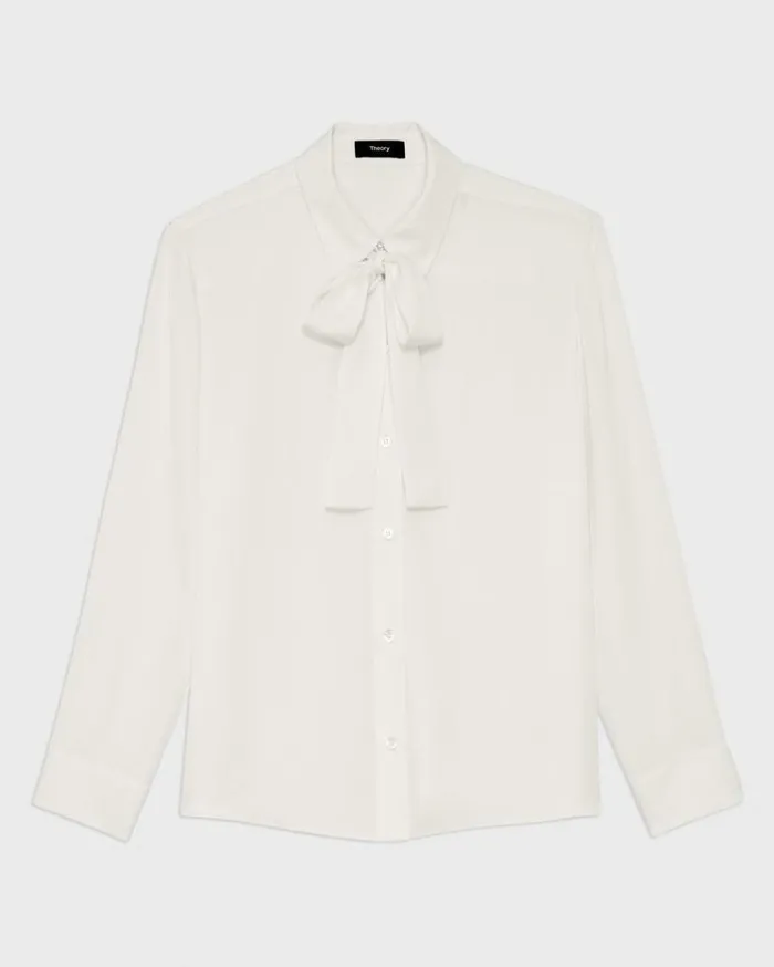 Theory Tie Neck Blouse In Silk Georgette Ivory Women Tops