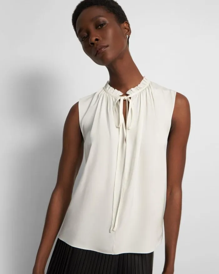 Theory Tie Neck Shell Top In Silk Georgette Ivory Women Tops