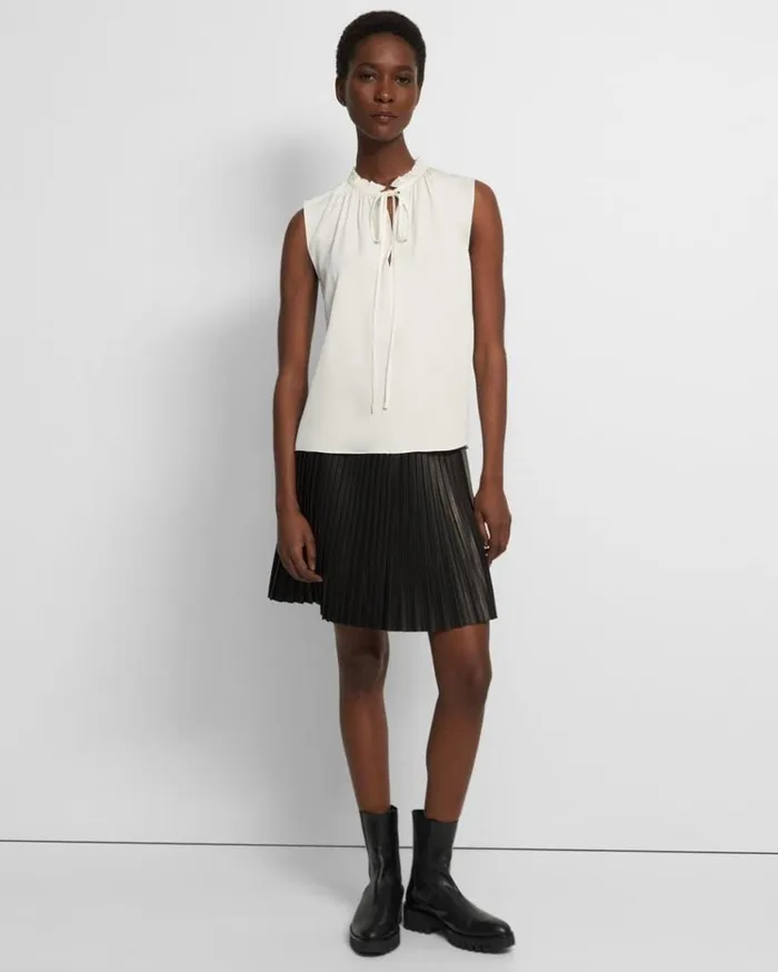Theory Tie Neck Shell Top In Silk Georgette Ivory Women Tops