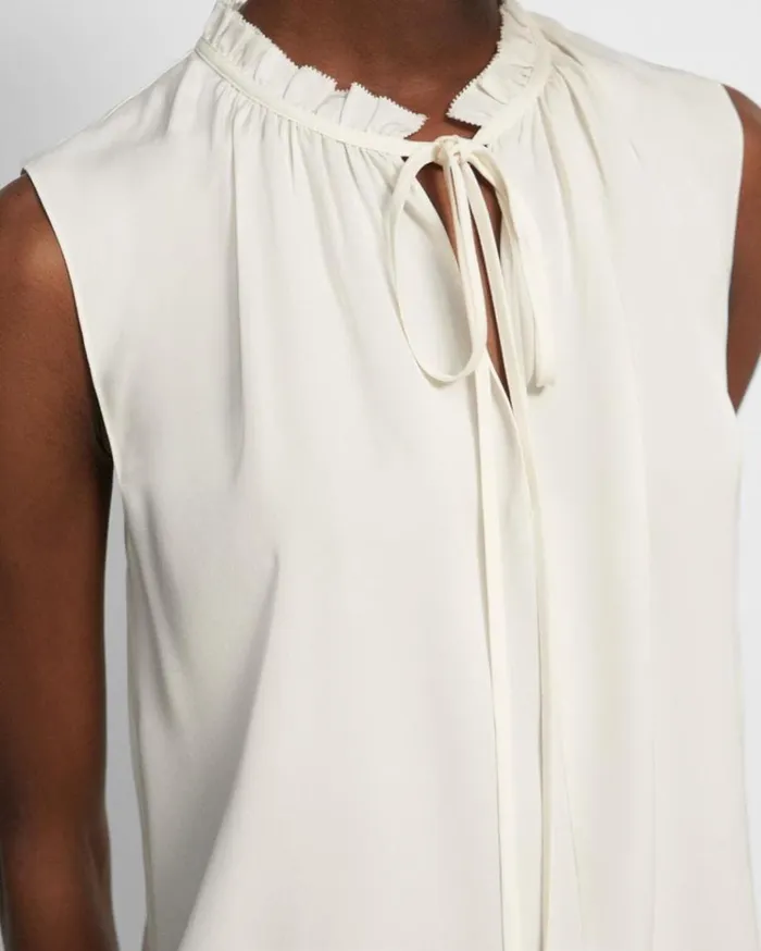 Theory Tie Neck Shell Top In Silk Georgette Ivory Women Tops
