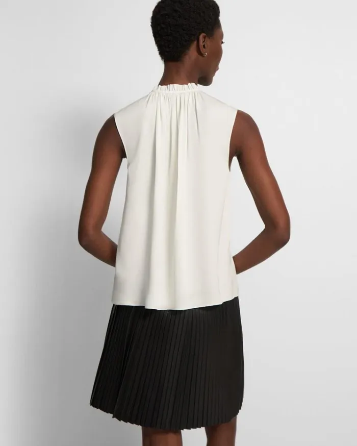 Theory Tie Neck Shell Top In Silk Georgette Ivory Women Tops