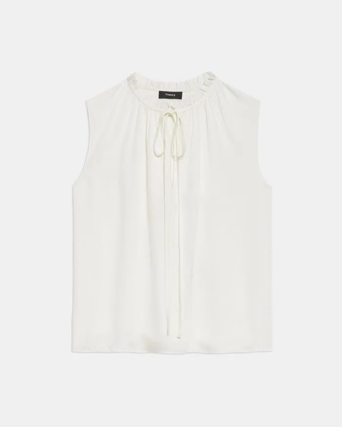 Theory Tie Neck Shell Top In Silk Georgette Ivory Women Tops