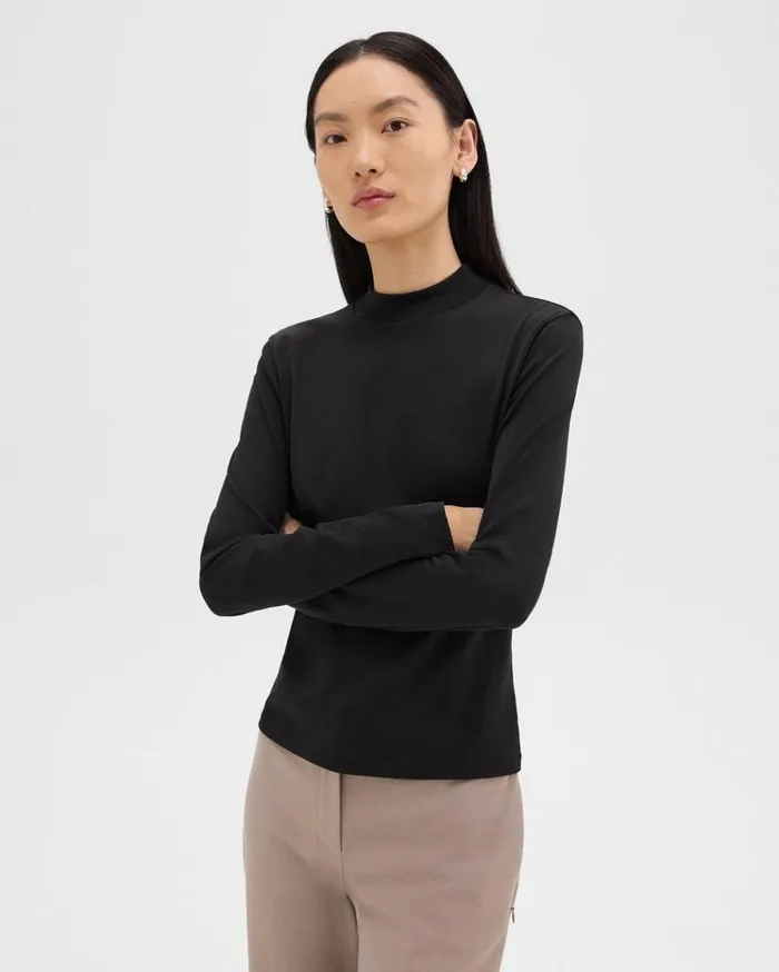Theory Tiny Mock Neck Tee In Organic Cotton Black Women TShirts Tank Tops