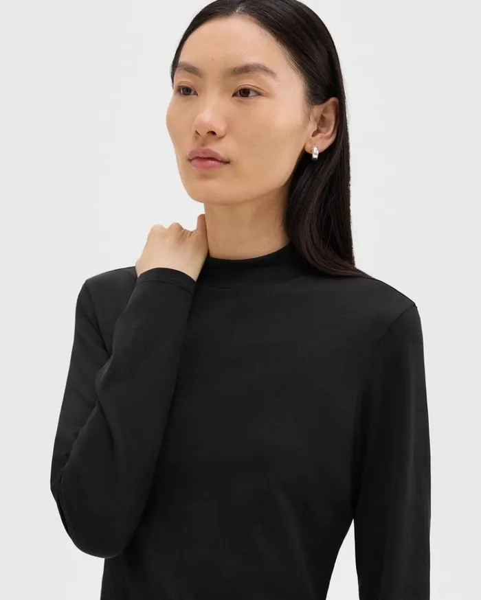 Theory Tiny Mock Neck Tee In Organic Cotton Black Women TShirts Tank Tops Theory Tiny Mock Neck Tee In Organic Cotton Black Women TShirts Tank Tops