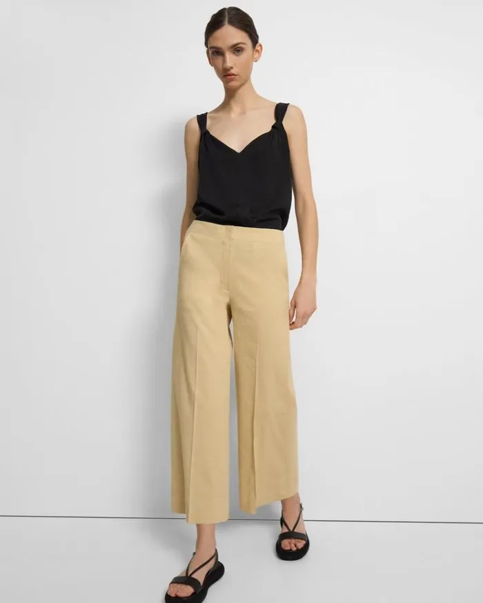 Theory Wide Crop Pant In Good Linen Butter Yellow Women Pants