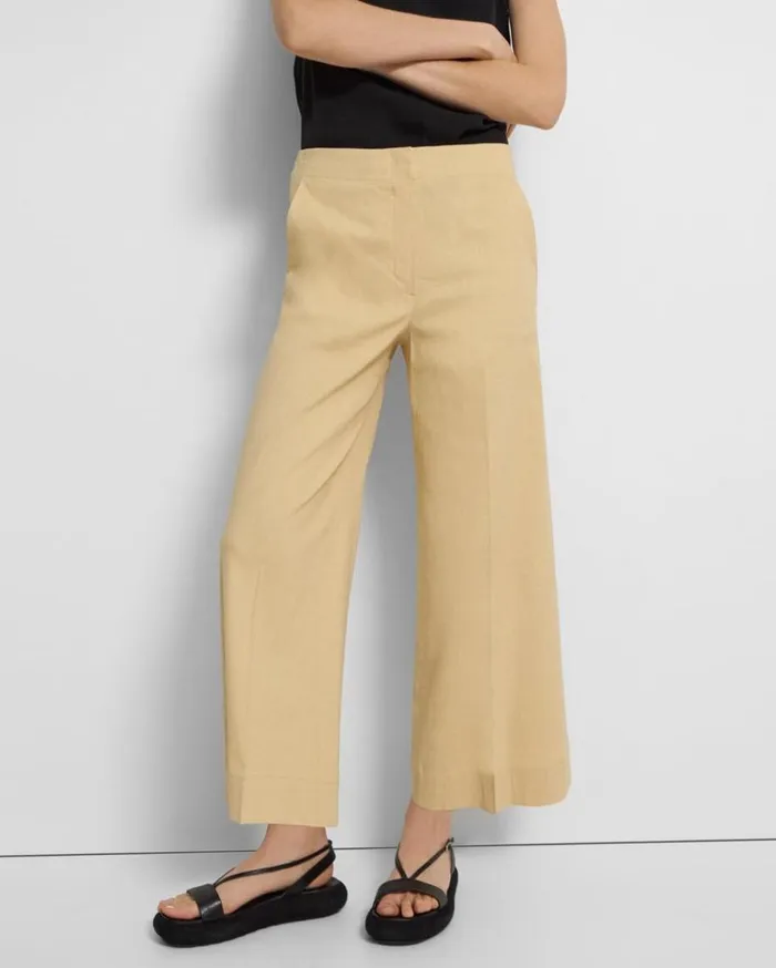 Theory Wide Crop Pant In Good Linen Butter Yellow Women Pants