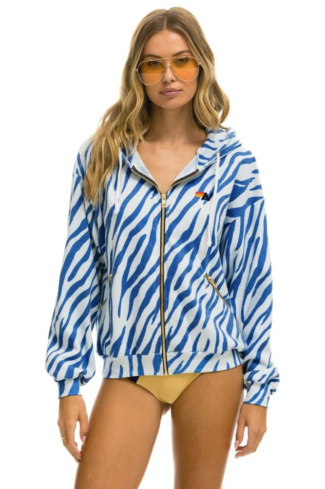 Tiger Relaxed Zip Hoodie With Pockets 8211 Blue Tiger WomenMen Aviator Nation Hoodies