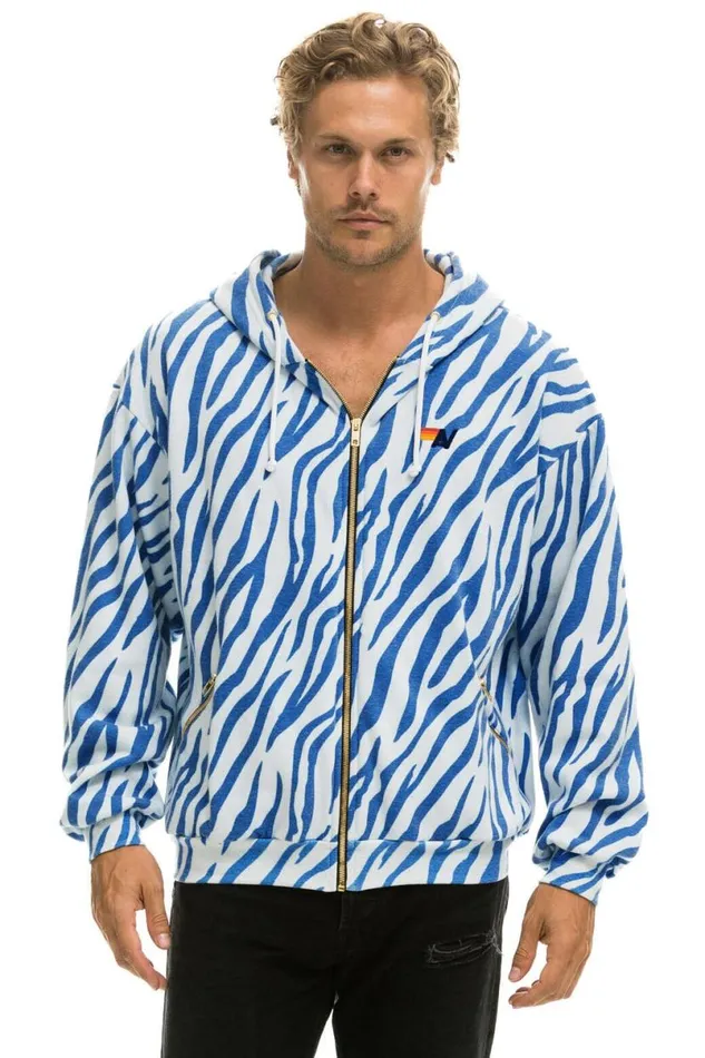 Tiger Relaxed Zip Hoodie With Pockets 8211 Blue Tiger WomenMen Aviator Nation Hoodies