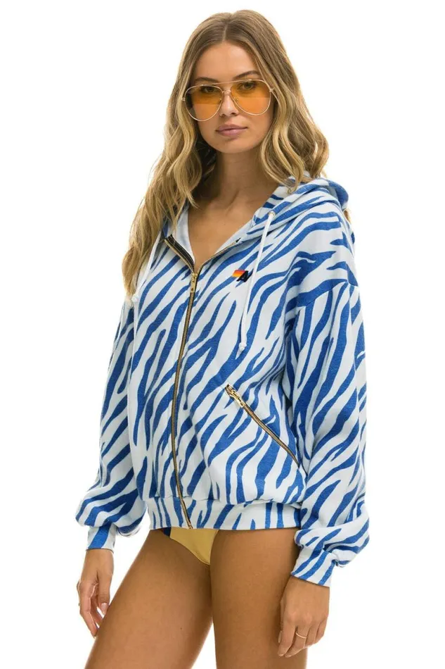 Tiger Relaxed Zip Hoodie With Pockets 8211 Blue Tiger WomenMen Aviator Nation Hoodies