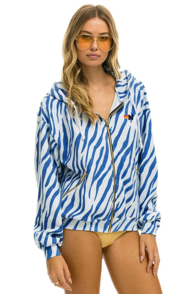 Tiger Relaxed Zip Hoodie With Pockets 8211 Blue Tiger WomenMen Aviator Nation Hoodies
