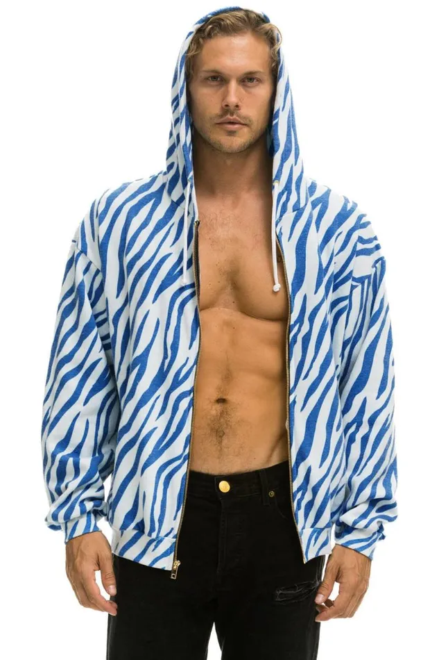 Tiger Relaxed Zip Hoodie With Pockets 8211 Blue Tiger WomenMen Aviator Nation Hoodies