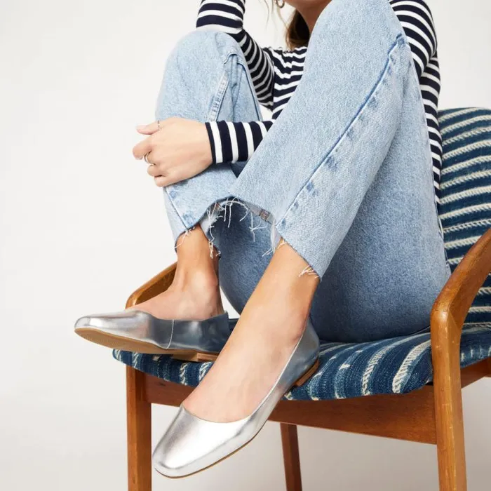 Toms Flats and Loafers Briella Flat Silver Metallic Leather 8211 Women