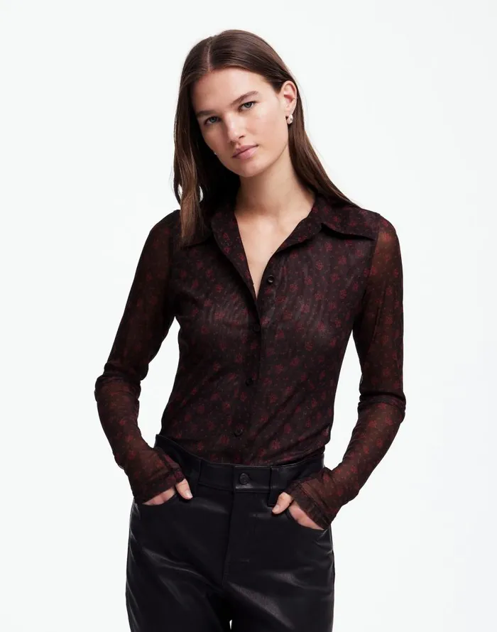 Tops and Shirts Women Madewell LongSleeve ButtonFront Top In Floral Mesh Bright Cherry