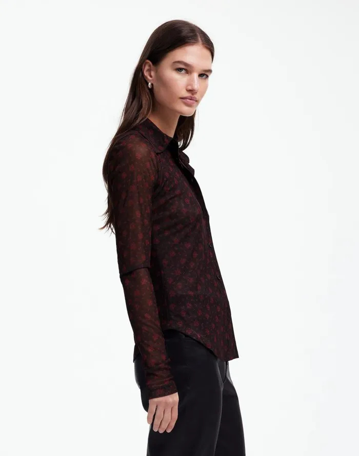 Tops and Shirts Women Madewell LongSleeve ButtonFront Top In Floral Mesh Bright Cherry