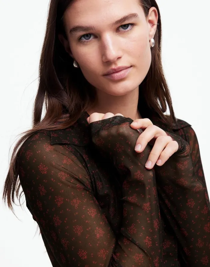 Tops and Shirts Women Madewell LongSleeve ButtonFront Top In Floral Mesh Bright Cherry