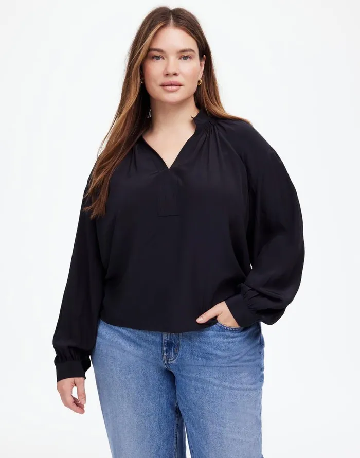 Tops and Shirts Women Madewell Plus Shirred LongSleeve Top In Silk True Black