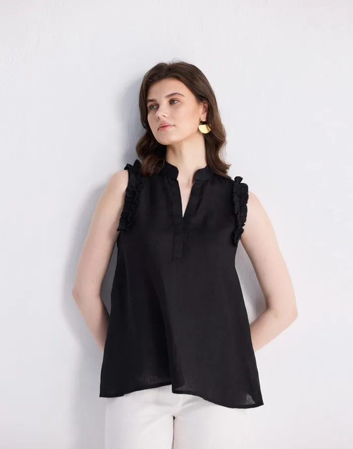 Tops and Shirts Women Madewell Reistor Sleeveless 100 Hemp Top With Ruffles In Black Black