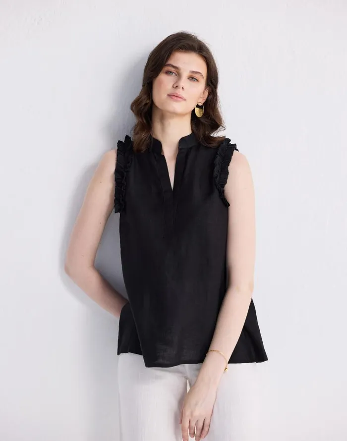 Tops and Shirts Women Madewell Reistor Sleeveless 100 Hemp Top With Ruffles In Black Black