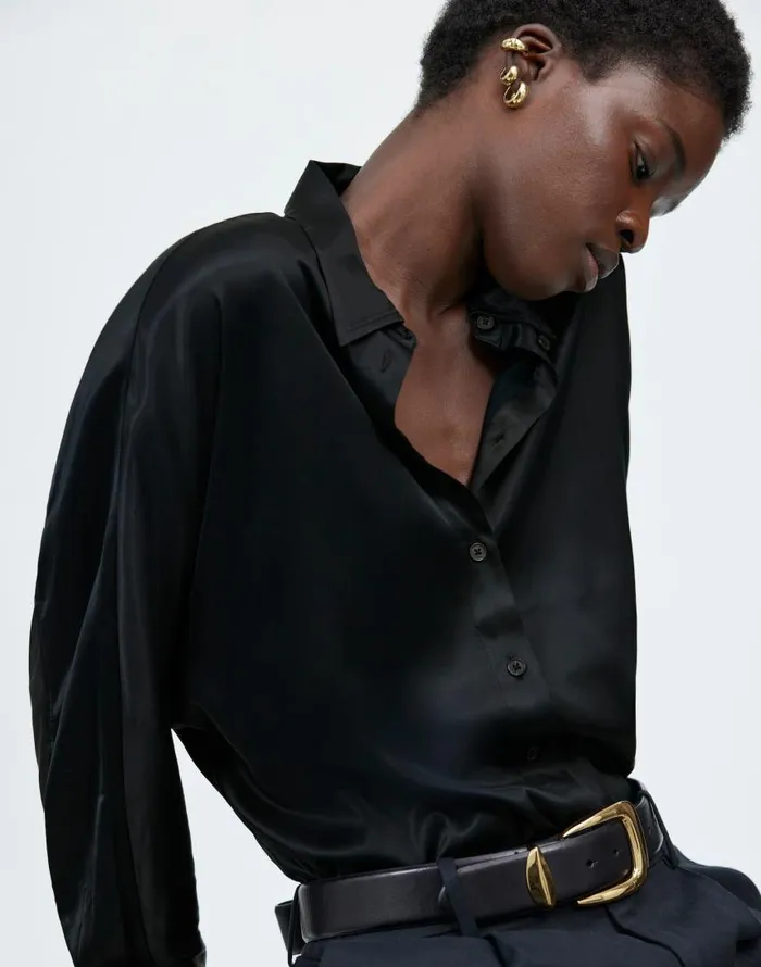 Tops and Shirts Women Madewell Relaxed Dolman ButtonUp Shirt In Satin True Black