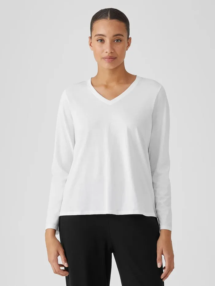 Tops and Tees Women Eileen Fisher Organic Pima Cotton Jersey VNeck Top White